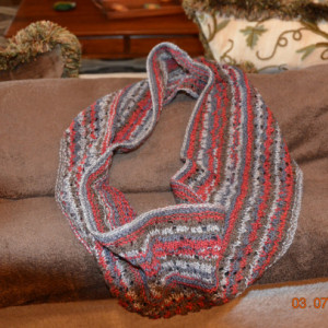 Knitted Lace Cowl - Red/Cream/Brown