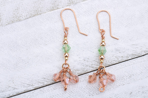 Green and Peach, Charms, Rose Gold and Copper Earrings
