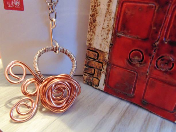 Wire Wrapped Necklace, Natural Copper, Sterling Silver, Rose Pendant