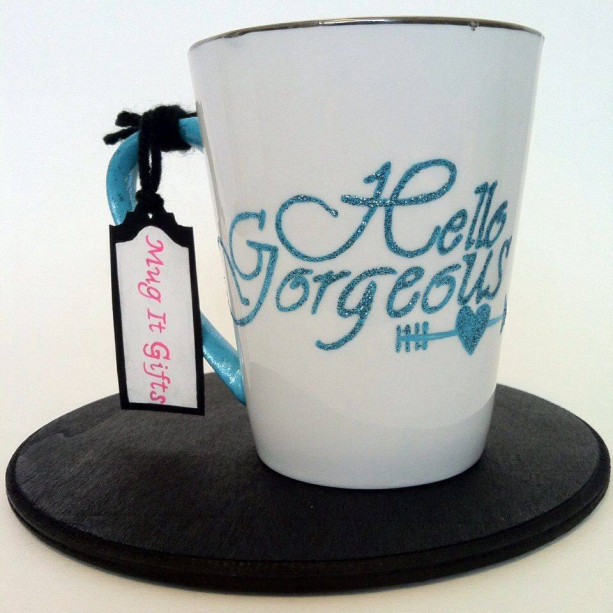 Hello Gorgeous Glitter Inspirational Hand Painted 14 oz Ceramic Coffee Latte Tea Cup Mug