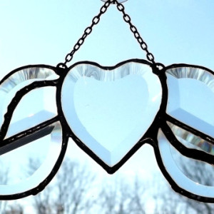 Stained Glass Clear Beveled Heart With Wings Soldered Art Sun-Catcher 