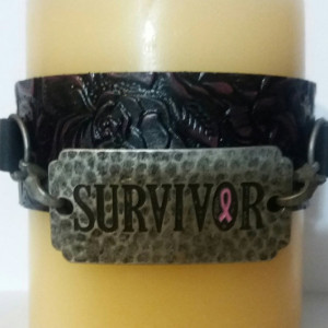 Pink Ribbon Cancer Survivor Cuff Bracelet, Embossed Leather Cuff Bracelet, Cancer Hope Bracelet