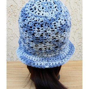 Light & Medium Denim Blue Summer Beach Sun Hat, 100% Cotton Women's Crochet Knit Beanie Bucket Cap with Floppy Brim, Ready to Ship in 3 Days