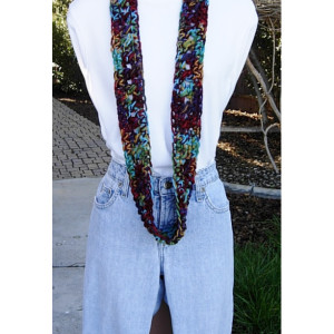 Small Colorful SUMMER SCARF Infinity Loop Cowl, Red Purple Blue Gold Green Crochet Necklace, Women's, Skinny Knit Cowl, Ready to Ship in 2 Days