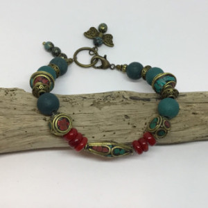 Tibetan mala beads, Tibetan beads bracelet, Coral and turquoise bracelet, gift for anyone