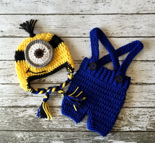 Minion Inspired Beanie in Yellow, Black and Blue with Matching Shorts Overalls- MADE TO ORDER
