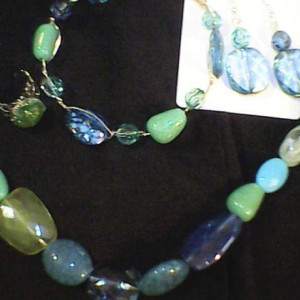 Blue &  Green Homemade Jewelry Set Ring, Earrings, Necklace, and Bracelet