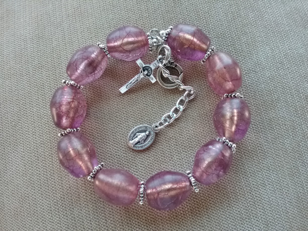 One Decade Rosary Bracelet of Pink Beads and Silver Findings