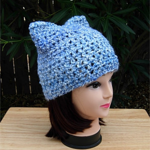 Blue and White PussyHat, Pussy Cat Hat with Ears, Extra Soft Acrylic Handmade Crochet Knit Winter Women's Protest Beanie, Resist, Ready to Ship in 3 Days 