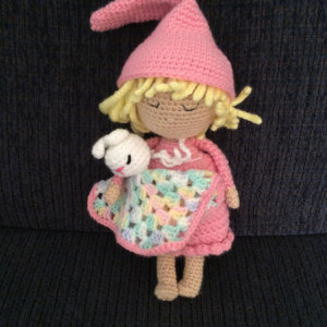 Hand crocheted  Doll - Pink Dress with Bunny Security Blanket