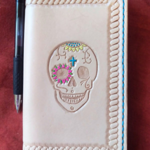 Leather Refillable Journal, Skull & Border Decoration, Turquoise Border
