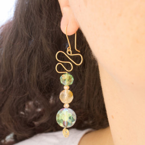 Gold Swirls, Faceted Green and Blue Round Glass Earrings
