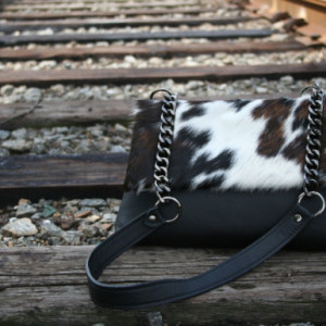 Cowhide & Black Leather Shoulder Bag - Abilene Handbag by Beaudin