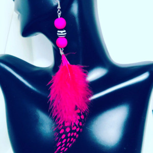 Hot Pink Polka Dot Asymmetrical Feather Earrings