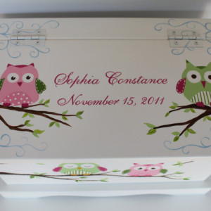 Owl Keepsake Chest  green/pink baby memory box personalized baby gift