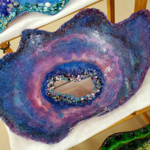 Eco-Epoxy Resin Geode "Northern Lights" 19Lx16Wx1H. Bright and glittery, this geode is a real attention getter. Many gemstones and Crystals