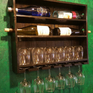 Ebony Stained Wine Rack with Stemmed and Stemless Wine Glass Storage