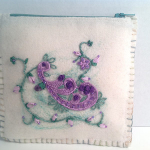 White wool lavender embroidery purse