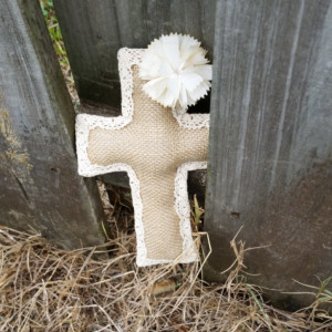 Natural Color Burlap Cross with Ivory Mesh Flower