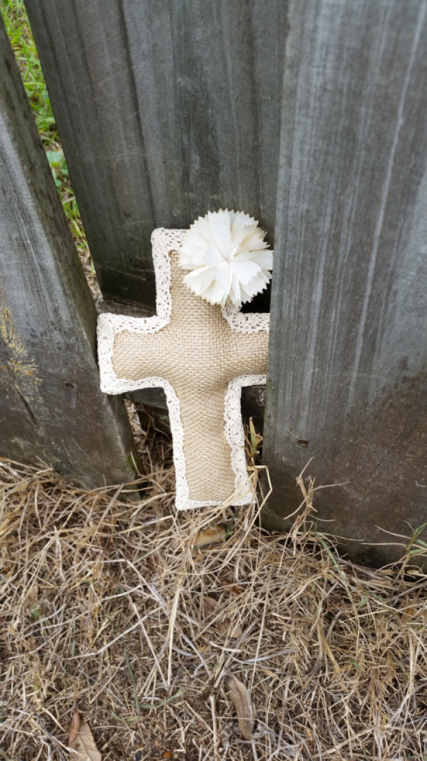 Natural Color Burlap Cross with Ivory Mesh Flower