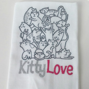 Kitty Love - Black Work Embroidered Cotton Dish Towel with or without words - Genuine Flour Sack Towels