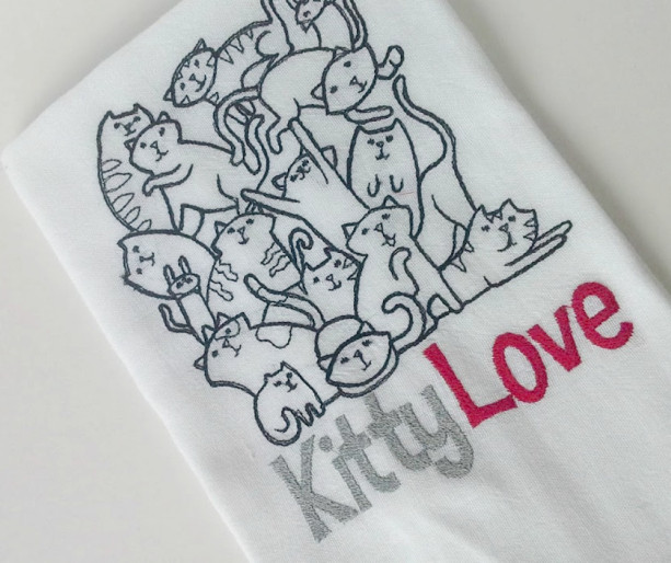 Kitty Love - Black Work Embroidered Cotton Dish Towel with or without words - Genuine Flour Sack Towels
