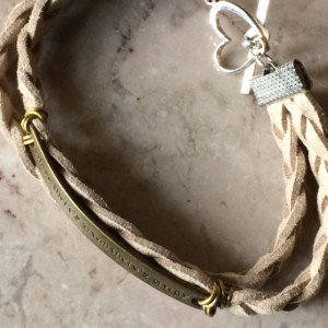 Beige/ natural color braided leather bracelet with bronze tone plate connector said "Where there's a will there's a way"& heart claps B00244