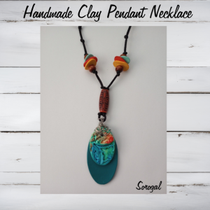 Handmade Clay Turquoise Abstract Oval Pendant Necklace Tribal Ethnic