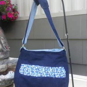 Blue Denim and Floral Gathered Petite Handbag- OoaK