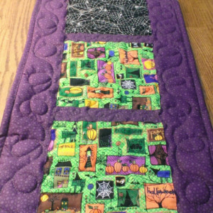 Halloween table topper. Handmade quilted halloween table runner.  Witches and gooblins halloween table decor.