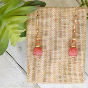 Pink Quartz Earrings, Gemstone, Frosted Coral, Vintage Peach Crystal Bicone