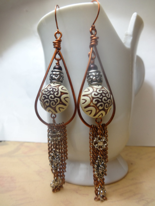 Chain Fringe Earrings with Arabesque Decorative Bead and Floral Motif