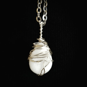 Handmade White Jasper Cabochon Silver Wire Wrapped Necklace