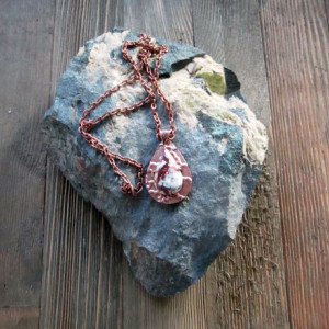 Teardrop Shaped Copper Metal Clay Pendant with Crazy Lace Agate