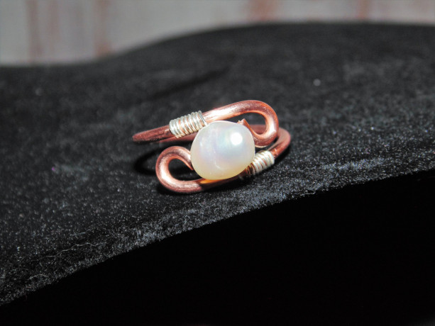 Wire Wrapped Ring, Natural Copper, Sterlings Silver and Freshwater Pearl, Sz. 8