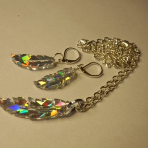 feather necklace, feather earrings,holographic,