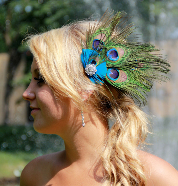 Weddings Accessories Hair Accessories Barrettes & Clips hair accessory Peacock feather clip Bridal Peacock Feather hair comb Crystal Blue Green Clip.Romantic feather Fascinator Bridal hairpiece 