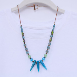 Blue Agate Gemstone Necklace, Crackled Aqua Gemstone Necklace, Blue and Green Glass Bead Necklace, Crystal Round Beads