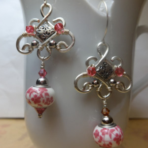 Pink Floral Drop Earrings with Arabesque Design