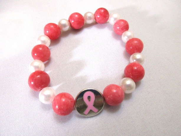 Bracelet Cancer Awareness Charm Dark Pink and Pearl Stretch Bracelet
