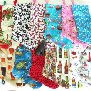 Handmade Mouse Character Stockings;  Mouse, Dog, Decorated Tree; Lined Xmas Stocking; Holiday Sock, Fan Stockings