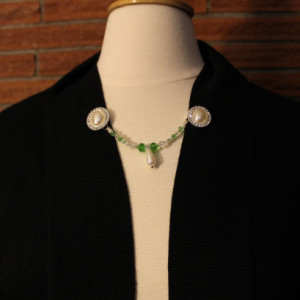 Pearl cameos and lime green glass beaded sweater keeper