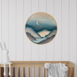 Round Blue Boho Mountain Lake Wood Wall Art | Modern Moon Night Sky Wooden Wall Hanging | Circle Landscape Wall Decor for Nursery Collage