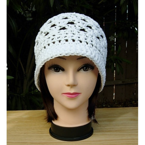 Solid Basic White Summer Beach Sun Hat with Brim, 100% Cotton Lacy Cloche, Women's Crochet Knit Beanie, Bucket Cap, Ready to Ship in 3 Days