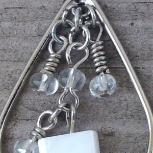 SOLD -Wire Wrapped Silver Seed Bead and White Square Shell Chandelier Dangle Earrings