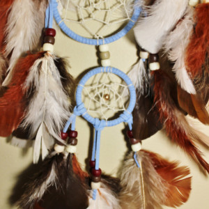 Carolina Blue Native American Dream Catcher with Beige and Brown Tone Feathers - Wall Hanging Home Decor with Brown and Bronze Beads