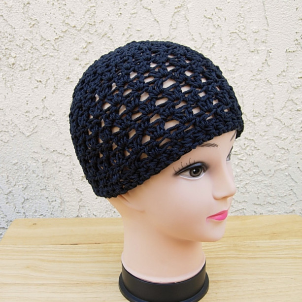 Solid Off Black Summer Beanie Hat, Soft 100% Cotton Lacy Lace Skull Cap, Women's Men's Crochet Knit Airy Chemo Cap, Ready to Ship in 3 Days