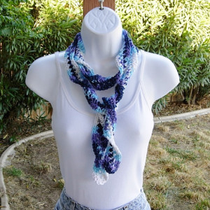 Women's Blue, Purple, and White Skinny SUMMER SCARF Small 100% Cotton Spiral Crochet Knit Narrow Lightweight Twisted Scarf, Ready to Ship in 3 Days