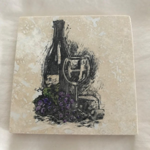 Custom Coasters-Non Stick Coasters-Wine Bottle/Glass/Grapes Coasters-Travertine Tile Coasters-Drink/Barware-Housewarming-Drinkware-Gift Idea