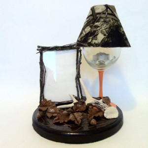 Antler Hunting Wine Glass Lamp with Picture Frame Hand Made Sculpted Hand Painted